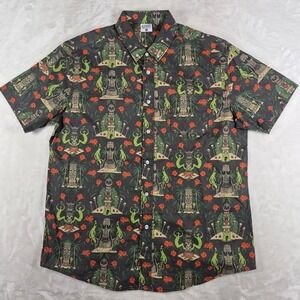 Creepy Co. Button Down Shirt Men's XL Green Tiki Hawaiian Horror Skulls Aztec